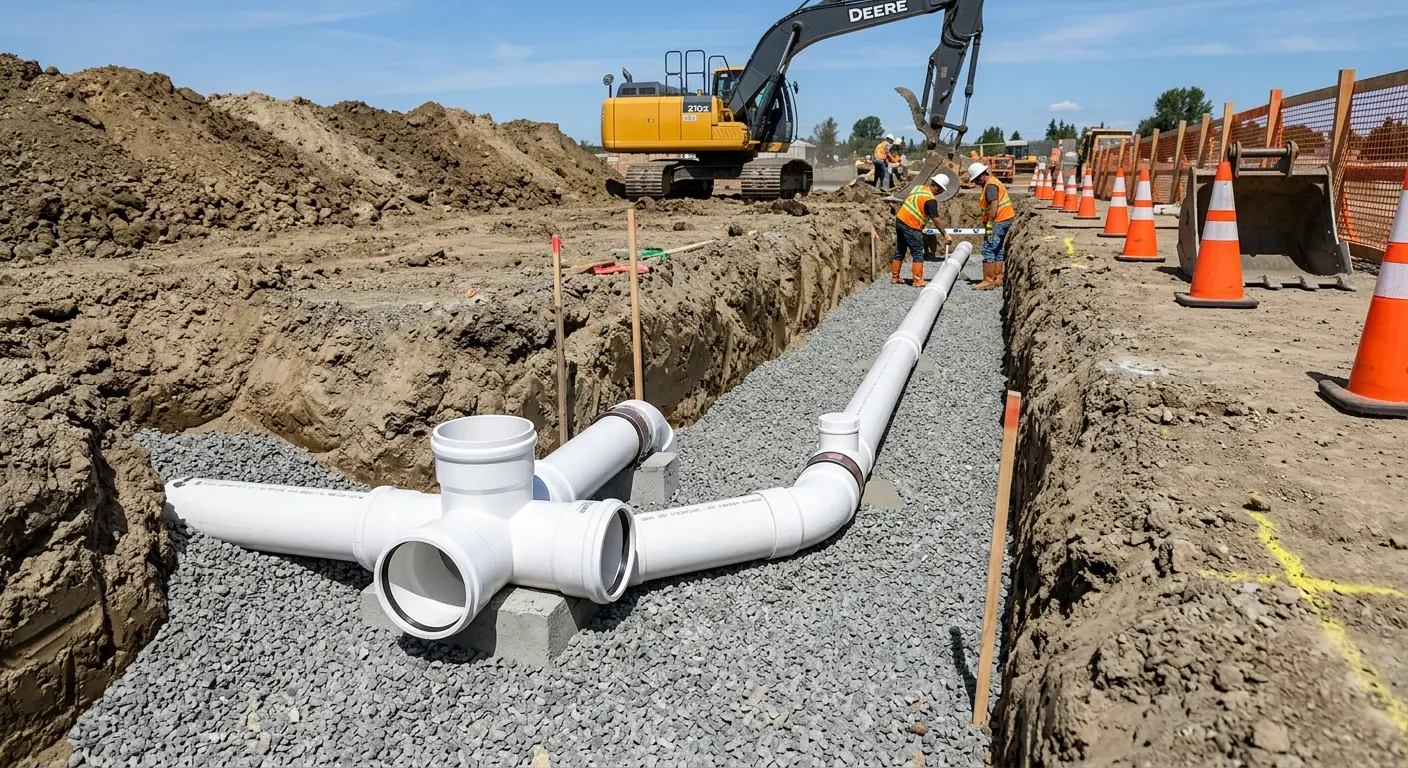 New PVC sewer pipe installation in open trench for Sewer Backup in Haslet