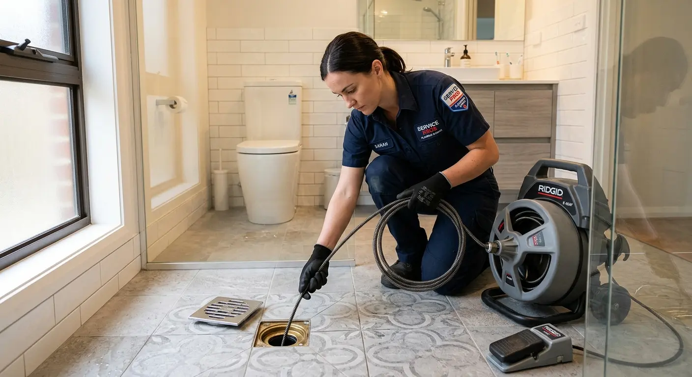 Technician clearing a bathroom floor drain for Hydro Jetting in Haslet